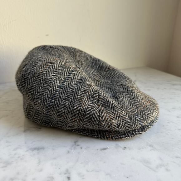 Harris Tweed Herringbone Newsboy Cap – Bates 1898 US 7 1/2 Wool Hat Gray Black - Picture 6 of 11